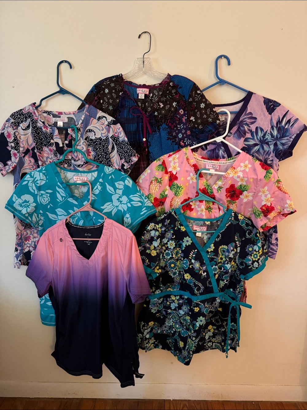 Koi brand Assorted Floral Women’s Scrub Tops - Multiple Colors- lot of 7